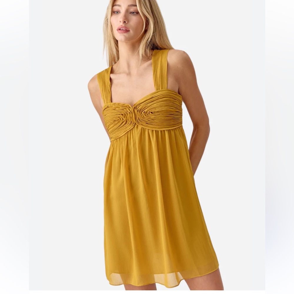 Adelyn Rae Ladella Rose Applique Chiffon Mini Dress in Golden Yellow Size M New